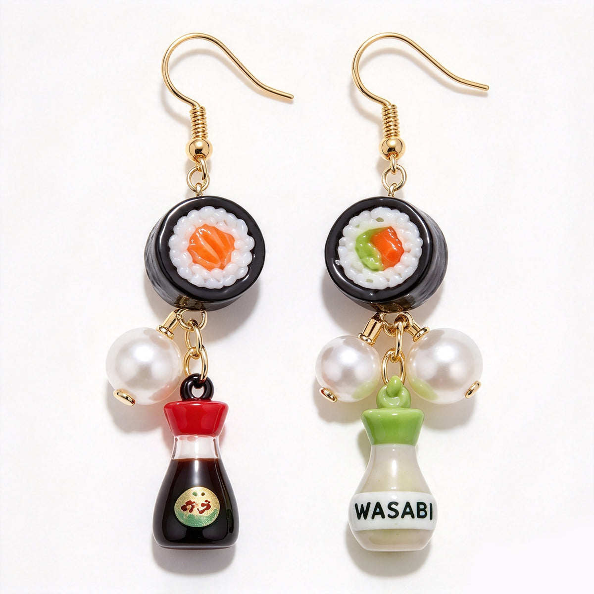 Japanese Sushi Roll & Condiment Bottle Mismatched Dangle Earrings