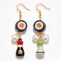 Japanese Sushi Roll & Condiment Bottle Mismatched Dangle Earrings