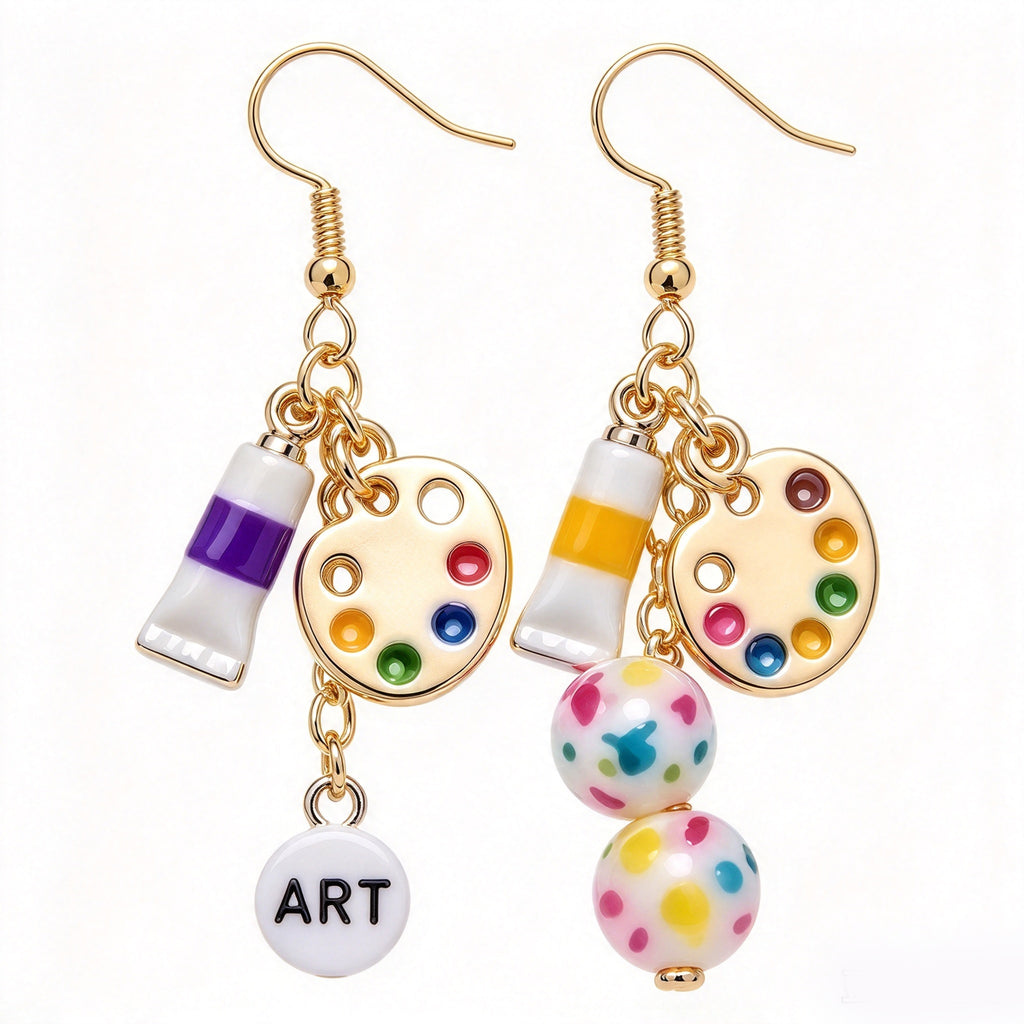 Mismatched Artist Paint Palette & Paint Tube Cluster Dangle Earrings