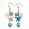 Coastal Seashell & Starfish Blue Pearl Cluster Dangle Earrings