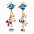 Cosmic Planet & Space Rocket Galaxy Cluster Dangle Earrings
