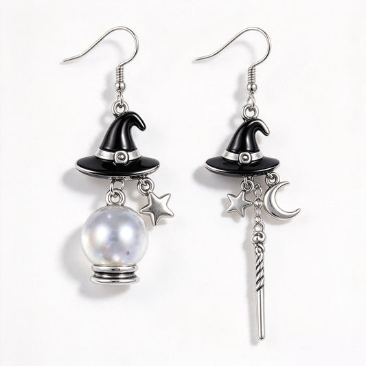 Mismatched Witch Hat, Crystal Ball & Magic Wand Dangle Earrings