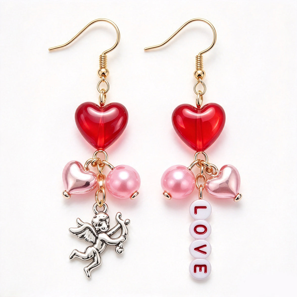 Mismatched Cupid Angel & LOVE Letter Heart Dangle Earrings