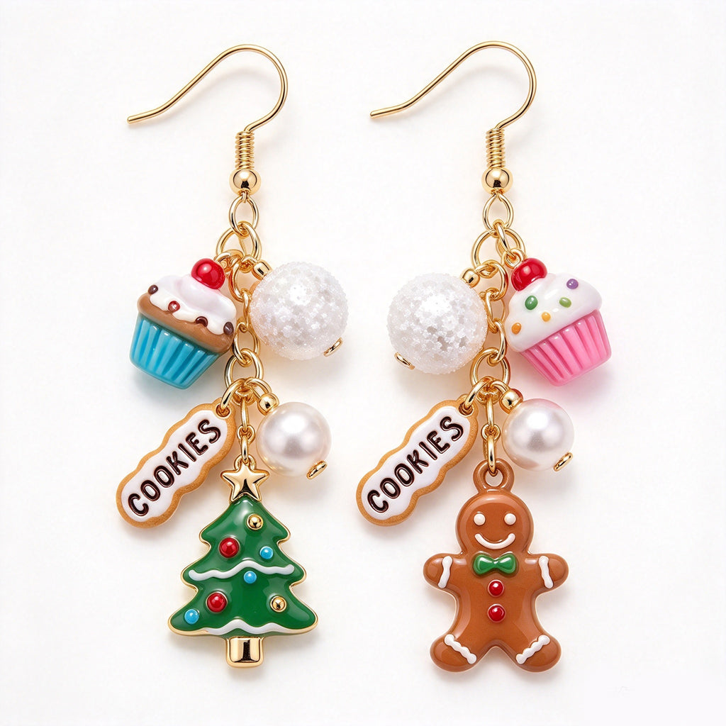 Mismatched Christmas Gingerbread Man & Holiday Tree Sweet Treats Dangle Earrings