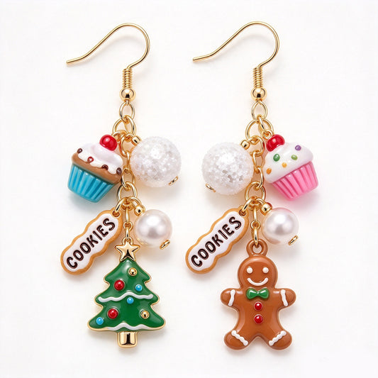 Mismatched Christmas Gingerbread Man & Holiday Tree Sweet Treats Dangle Earrings