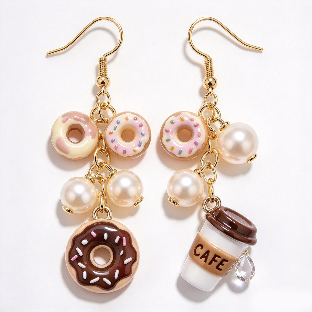 Mismatched Frosted Donut & Takeout Coffee Cup Dangle Earrings