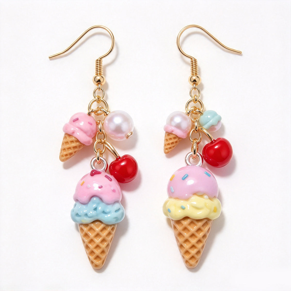 Pastel Ice Cream Cone & Cherry Cluster Dangle Earrings