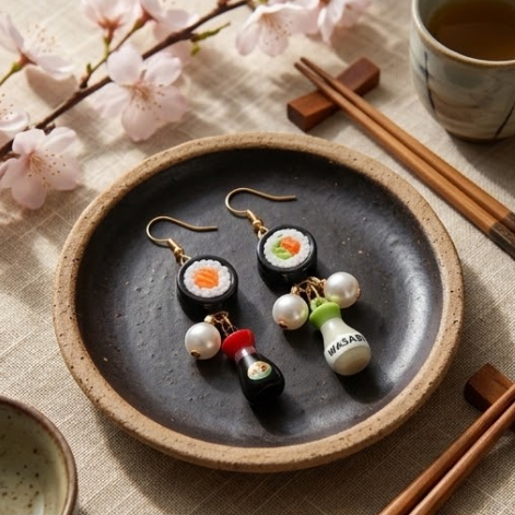 Japanese Sushi Roll & Condiment Bottle Mismatched Dangle Earrings