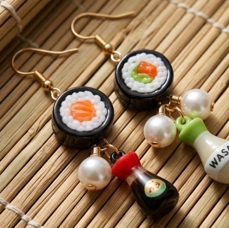 Japanese Sushi Roll & Condiment Bottle Mismatched Dangle Earrings