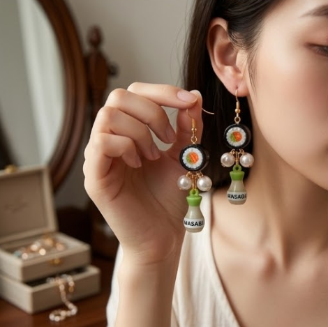 Japanese Sushi Roll & Condiment Bottle Mismatched Dangle Earrings