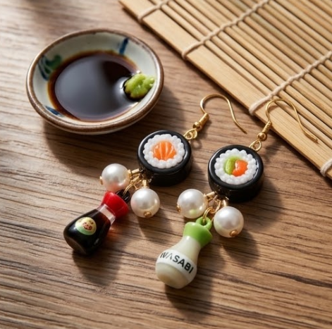 Japanese Sushi Roll & Condiment Bottle Mismatched Dangle Earrings