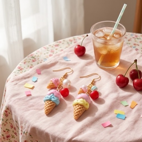 Pastel Ice Cream Cone & Cherry Cluster Dangle Earrings