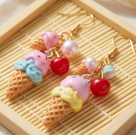 Pastel Ice Cream Cone & Cherry Cluster Dangle Earrings