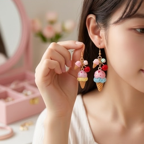 Pastel Ice Cream Cone & Cherry Cluster Dangle Earrings