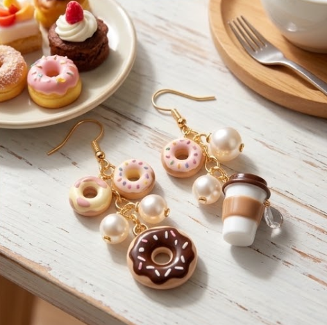 Mismatched Frosted Donut & Takeout Coffee Cup Dangle Earrings