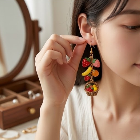 Mismatched Fruit Basket & Harvest Produce Cluster Dangle Earrings