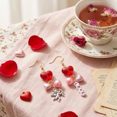 Mismatched Cupid Angel & LOVE Letter Heart Dangle Earrings