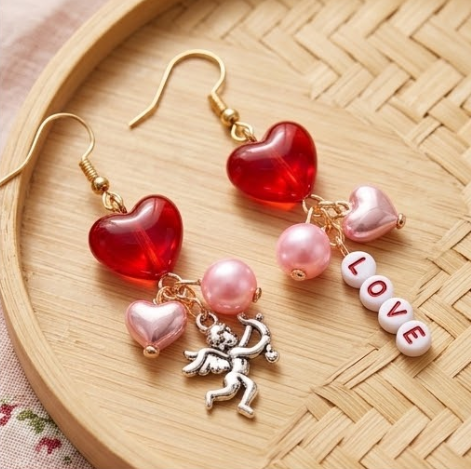 Mismatched Cupid Angel & LOVE Letter Heart Dangle Earrings
