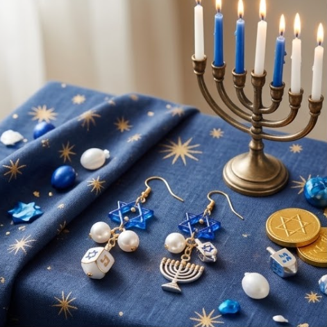 Mismatched Hanukkah Star of David & Menorah Dreidel Dangle Earrings