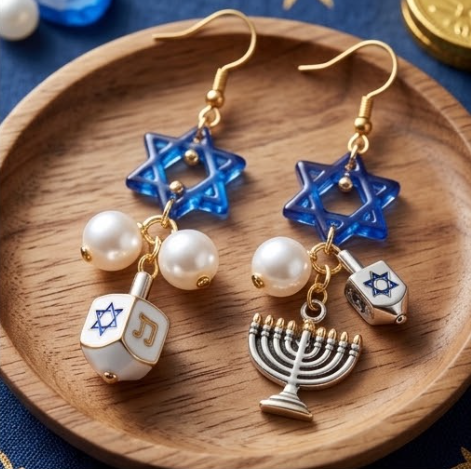 Mismatched Hanukkah Star of David & Menorah Dreidel Dangle Earrings