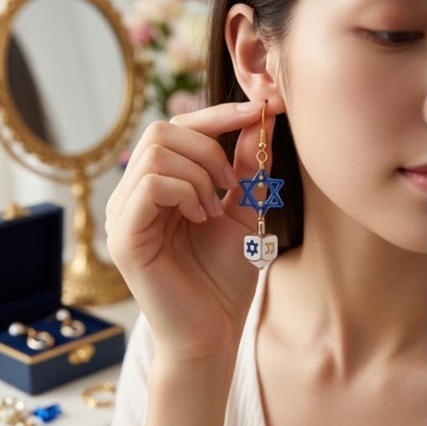 Mismatched Hanukkah Star of David & Menorah Dreidel Dangle Earrings
