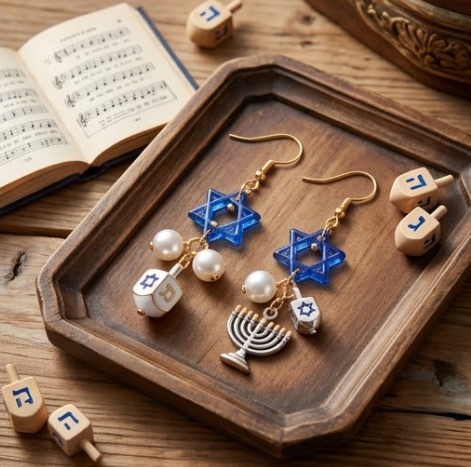 Mismatched Hanukkah Star of David & Menorah Dreidel Dangle Earrings