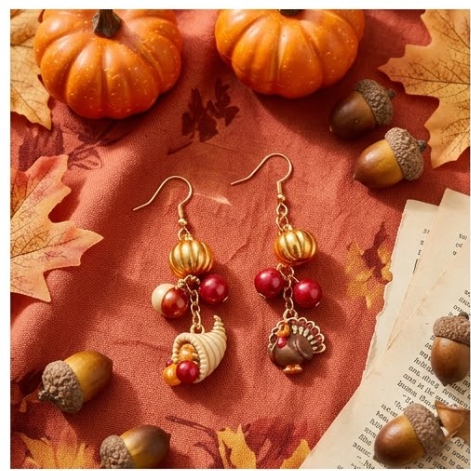 Mismatched Thanksgiving Turkey & Cornucopia Harvest Dangle Earrings