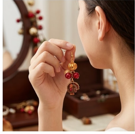 Mismatched Thanksgiving Turkey & Cornucopia Harvest Dangle Earrings