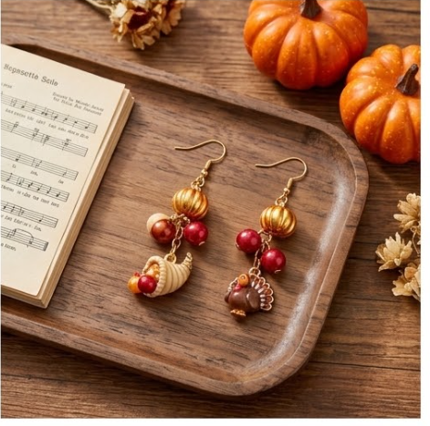 Mismatched Thanksgiving Turkey & Cornucopia Harvest Dangle Earrings