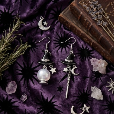 Mismatched Witch Hat, Crystal Ball & Magic Wand Dangle Earrings