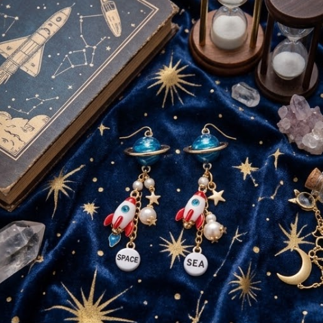 Cosmic Planet & Space Rocket Galaxy Cluster Dangle Earrings