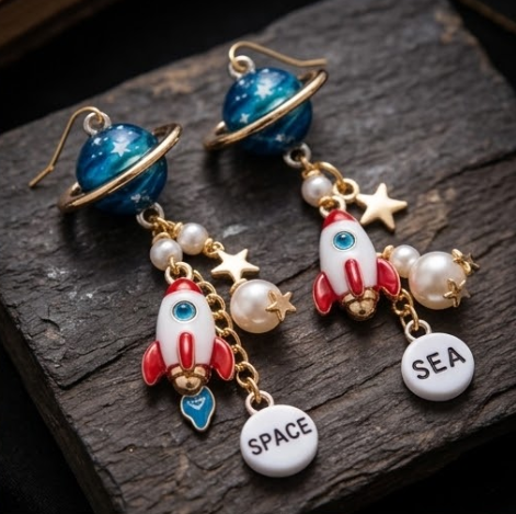 Cosmic Planet & Space Rocket Galaxy Cluster Dangle Earrings