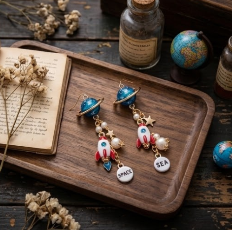 Cosmic Planet & Space Rocket Galaxy Cluster Dangle Earrings