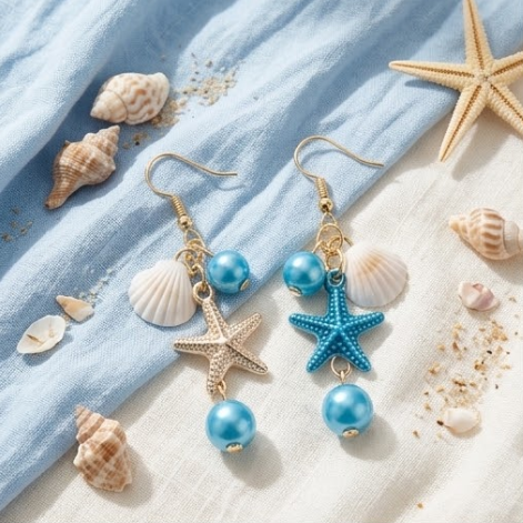 Coastal Seashell & Starfish Blue Pearl Cluster Dangle Earrings