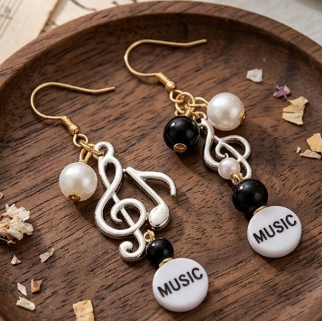 Treble Clef & Musical Note Typographic Pearl Cluster Dangle Earrings