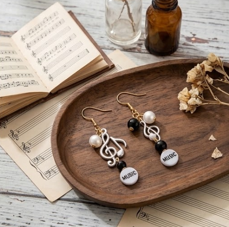 Treble Clef & Musical Note Typographic Pearl Cluster Dangle Earrings