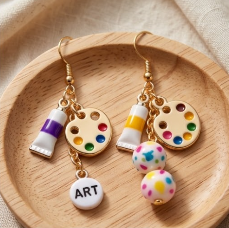 Mismatched Artist Paint Palette & Paint Tube Cluster Dangle Earrings