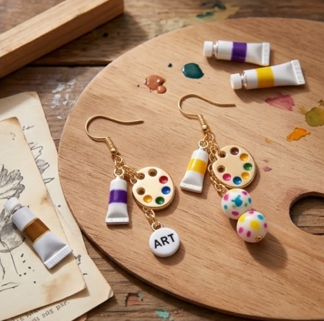 Mismatched Artist Paint Palette & Paint Tube Cluster Dangle Earrings