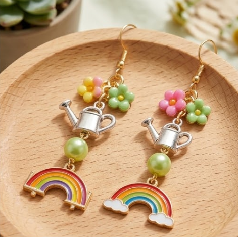 Spring Garden Watering Can & Rainbow Flower Cluster Dangle Earrings