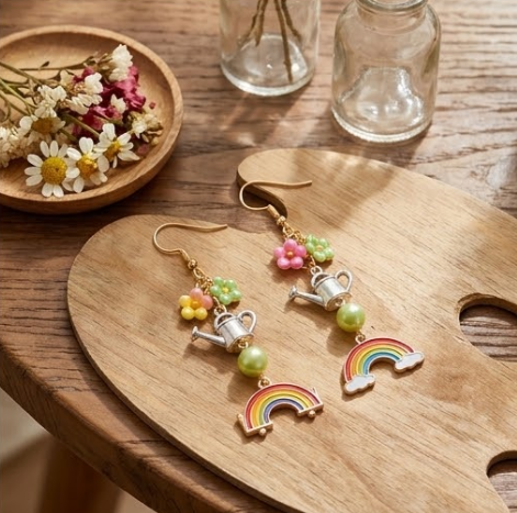 Spring Garden Watering Can & Rainbow Flower Cluster Dangle Earrings