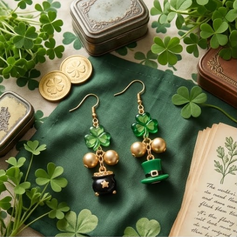 Mismatched St. Patrick's Day Lucky Shamrock & Pot of Gold Dangle Earrings
