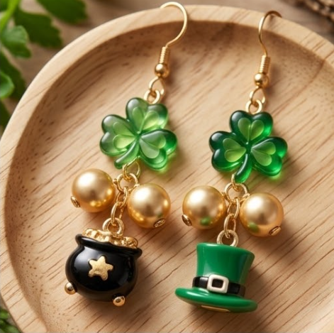 Mismatched St. Patrick's Day Lucky Shamrock & Pot of Gold Dangle Earrings