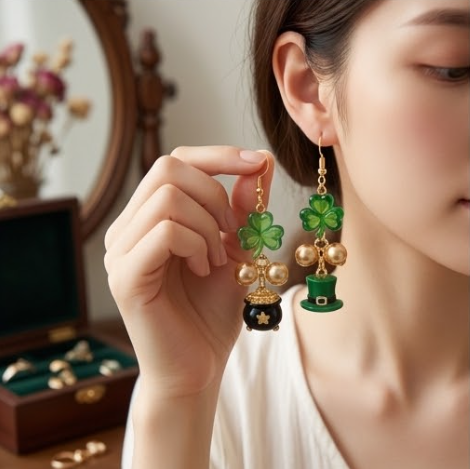 Mismatched St. Patrick's Day Lucky Shamrock & Pot of Gold Dangle Earrings