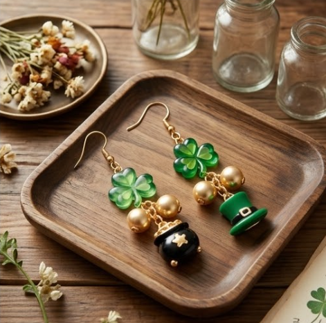Mismatched St. Patrick's Day Lucky Shamrock & Pot of Gold Dangle Earrings
